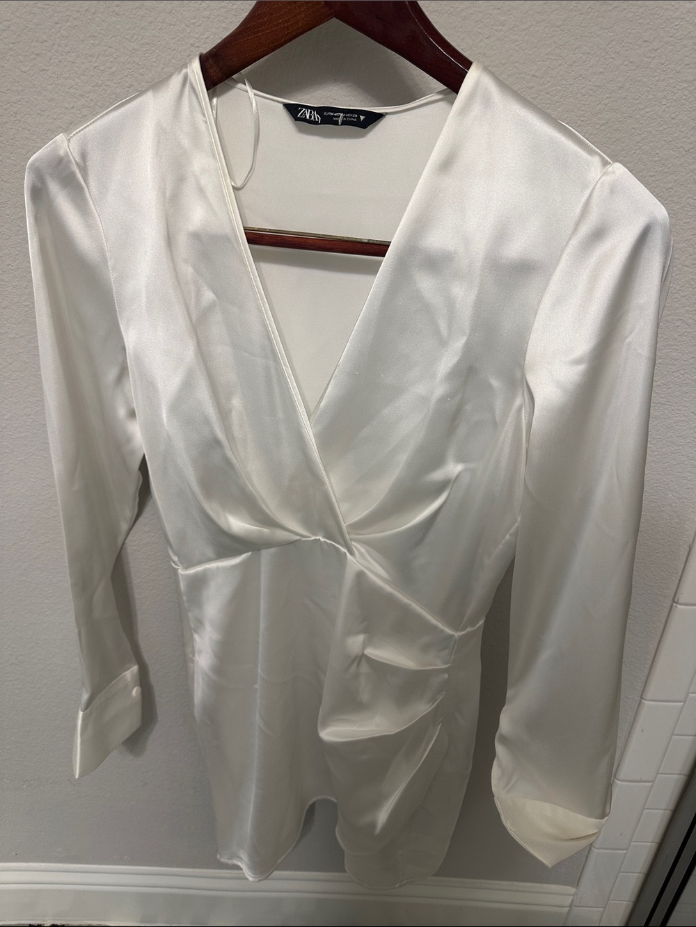 Zara Ivory Satin V-Neck Wrap Blouse